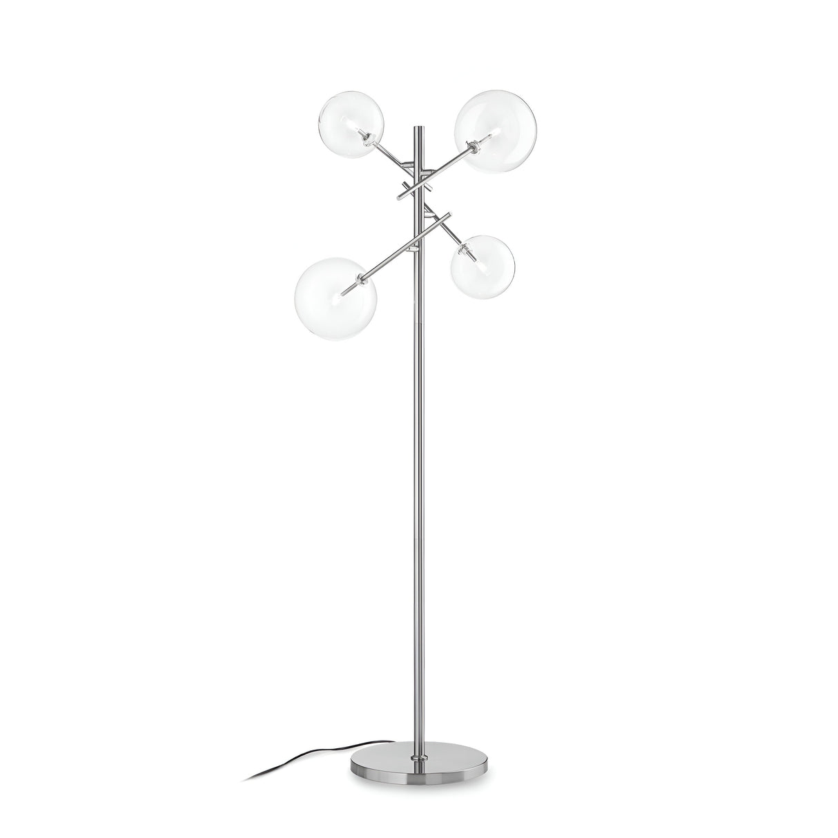 The Solarae Floor Lamp - Silver is a modern lighting piece characterized by its sleek silver metal base and four spherical glass light fixtures arranged in a geometric pattern on a circular platform, bringing contemporary charm to any space with its minimalist design.
