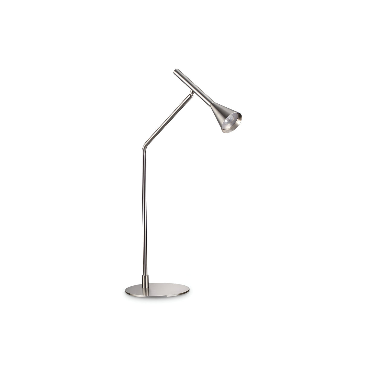 The Solenia LED Table Lamp, with its 6.5W power and a sleek silver finish, showcases a modern design featuring a conical shade and slim, angled stem atop a circular base. Its adjustable diffuser offers versatile lighting options against a plain white background.