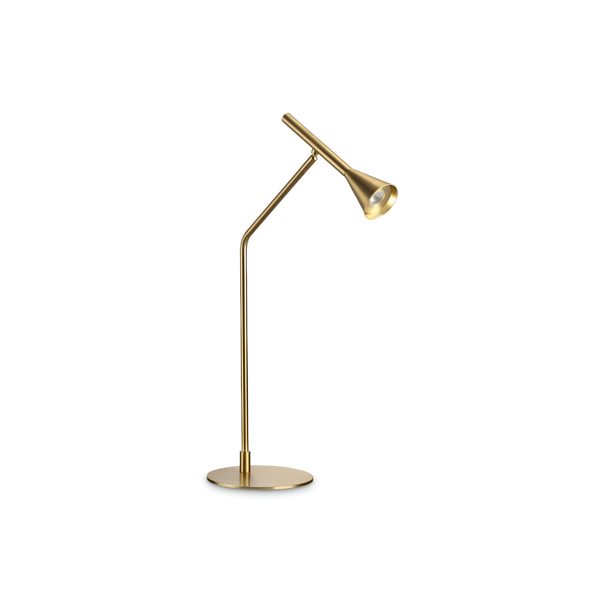Presenting the Solenia LED Table Lamp 6.5W 3000K in brass: a contemporary masterpiece with a slender, curved stand and a cone-shaped lampshade. Its adjustable diffuser adds versatility, beautifully highlighted against a plain white background.