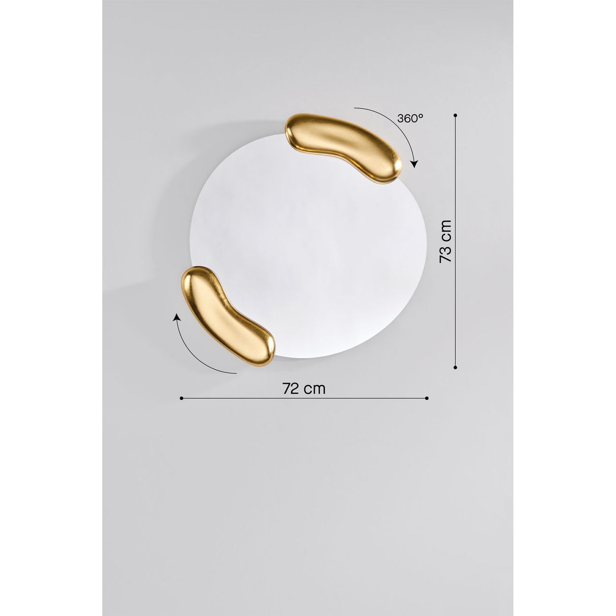 Calco Gold Leaf Sculpted Round Wall Mirror, 73cm, with organic glass shape and two gold leaf sculpted forms holding the mirror at opposite edges, shown with dimensions on a light grey background.