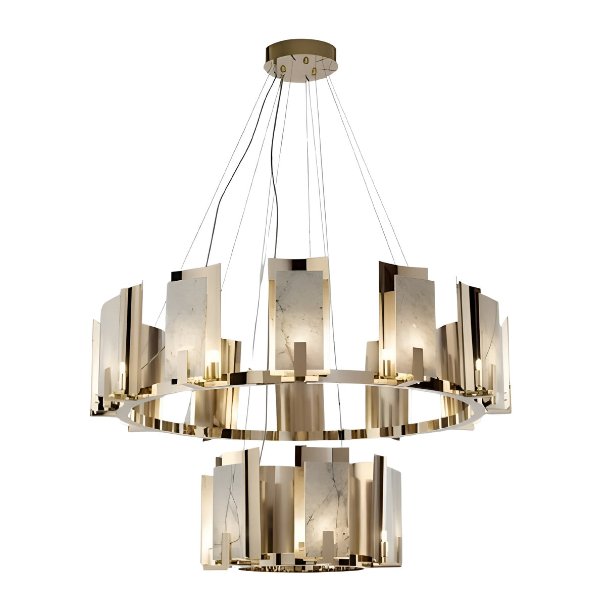 The Aurevon 16 Light 2 Tier Circular Alabaster Chandelier in Soft White & Copper features gold metal, alabaster-like rectangular panels, and a geometric design for a modern, elegant look suspended from a round ceiling mount.