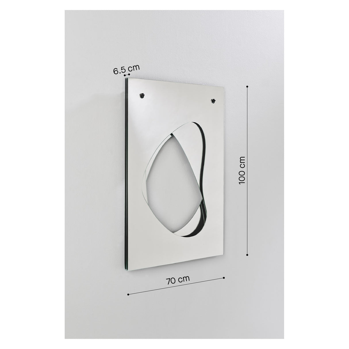 Infinito Precision Cut Void Wall Mirror 100cm, a rectangular mirrored panel with an organic cut-out void revealing recessed depth, 70cm wide, 100cm tall, 6.5cm deep.