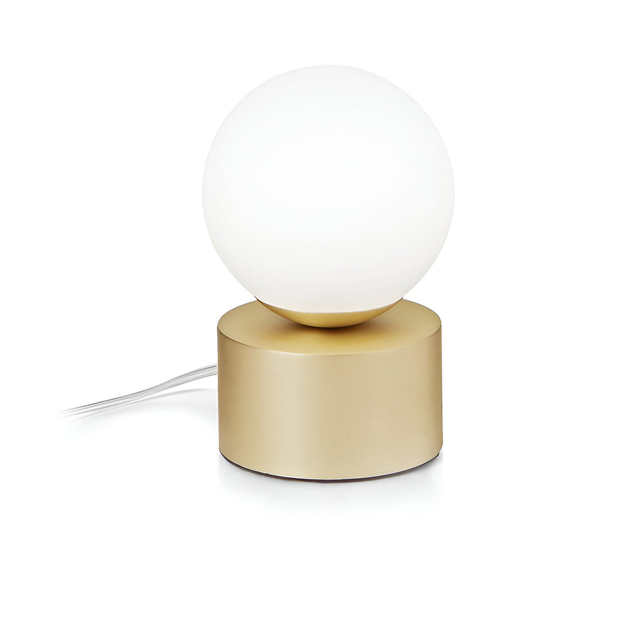 The Solana Small Table Lamp - White offers a modern aesthetic with its spherical white bulb perched on a cylindrical gold base. Its white electrical cord complements the minimalist design, casting an ambient glow to enhance any contemporary setting.