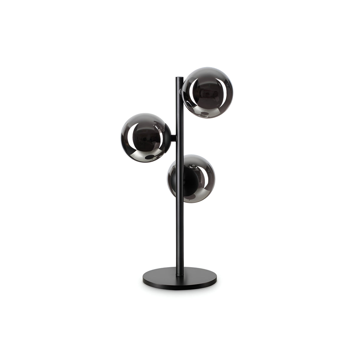 Introducing the Solana Large Table Lamp - Black, a modern lighting piece featuring a matte black metal stand and base. This lamp boasts three spherical, glossy black light fixtures arranged vertically, offering a sleek and contemporary design that enhances any space.