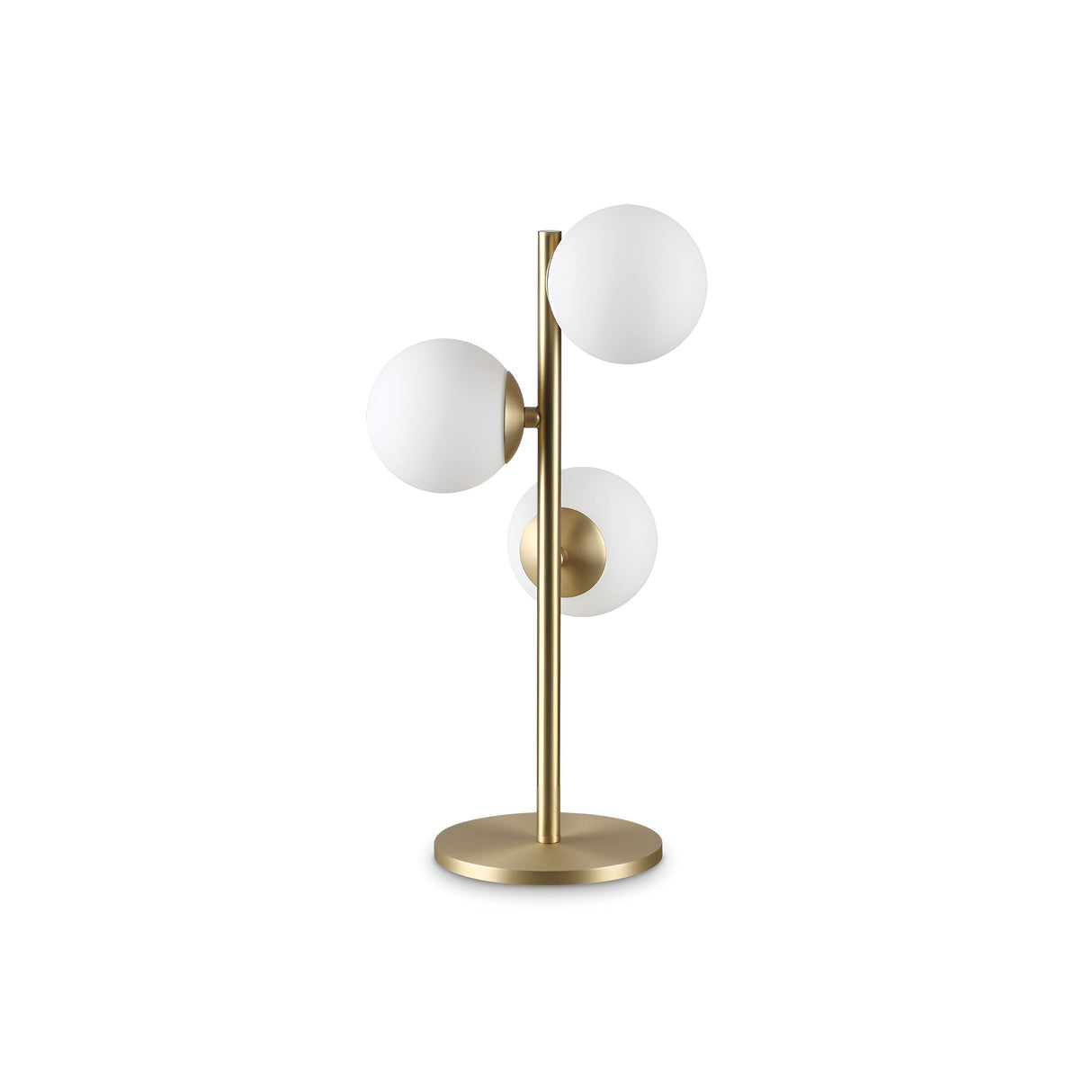 A contemporary table lamp with a sleek gold stand and base, featuring three frosted white spherical lampshades arranged in a vertical cluster. The Solana Large Table Lamp - White embodies minimalist design, perfect for enhancing modern interiors with stylish lighting.