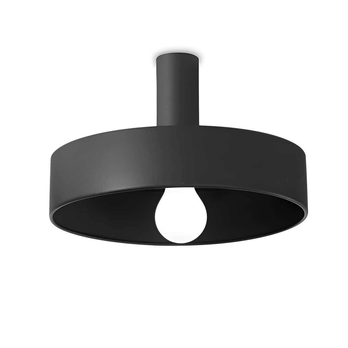 The Arion Ceiling Light - Black features a sleek modern design with an elegant round, drum-shaped shade and an exposed white bulb at its center. This stylish fixture is mounted on a short cylindrical rod, adding a touch of sophistication to any space.