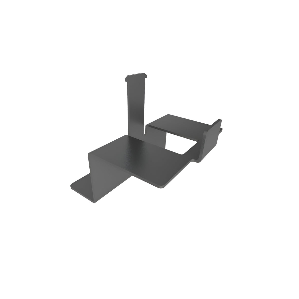 The Luxeon Mounting Bracket for Track Lighting Systems is a robust aluminium structure with a geometric, angular design. It features a flat base and two vertical supports of varying heights, providing reliable support for objects. Its sleek black finish ensures it integrates seamlessly into track lighting systems.