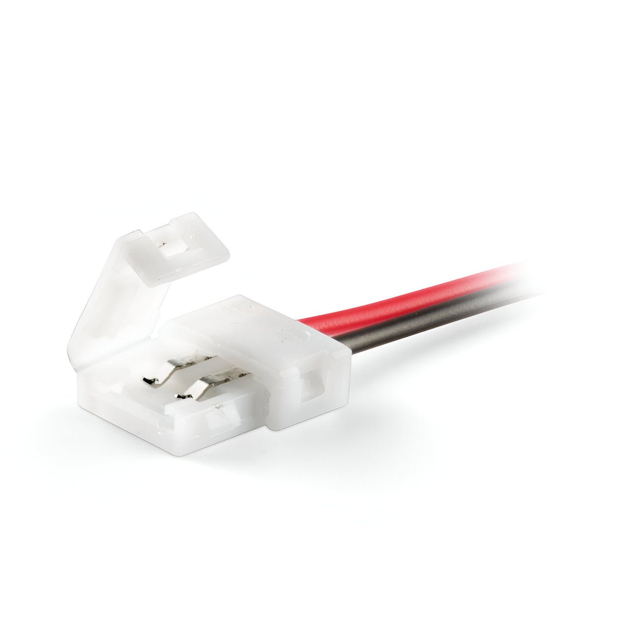 Close-up of the durable Ecliptus LED Strip Main Connector, crafted from sturdy white plastic to ensure stable power flow, with two wires—one red and one black—extending from it. The open latch on top indicates its function as an LED strip connector. The plain white background accentuates the object.