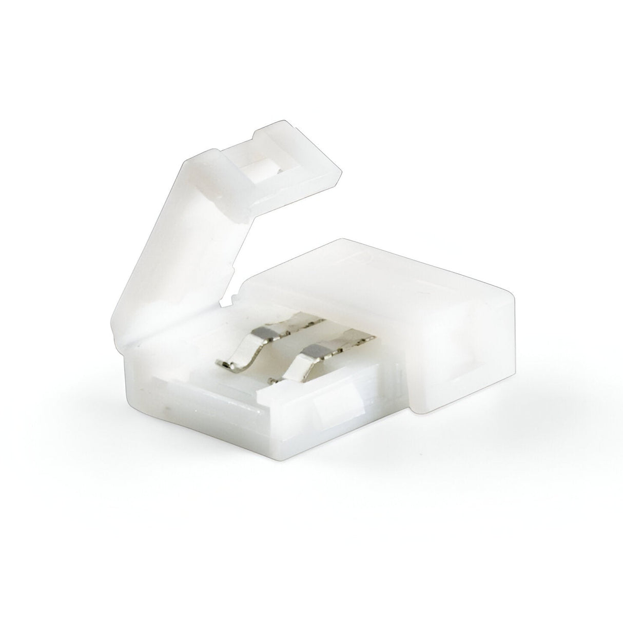 The Ecliptus LED Strip Linear Connector is an essential open white plastic connector featuring metal clips inside, perfect for seamless connections in LED lighting projects. Its top cover can be lifted to reveal a precisely designed internal mechanism for ease of use.