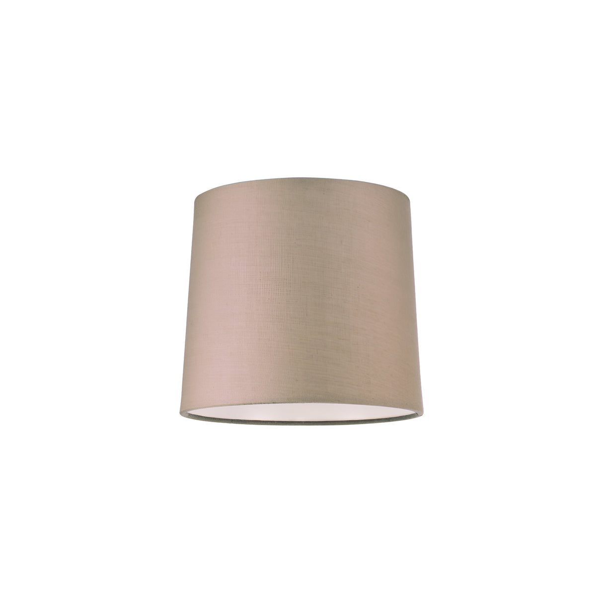 A 16cm Aethera Cone Lampshade in dark beige features a cylindrical shape with a smooth fabric texture, shown against a white background. Its minimalist design is suitable for either table or floor lamps.