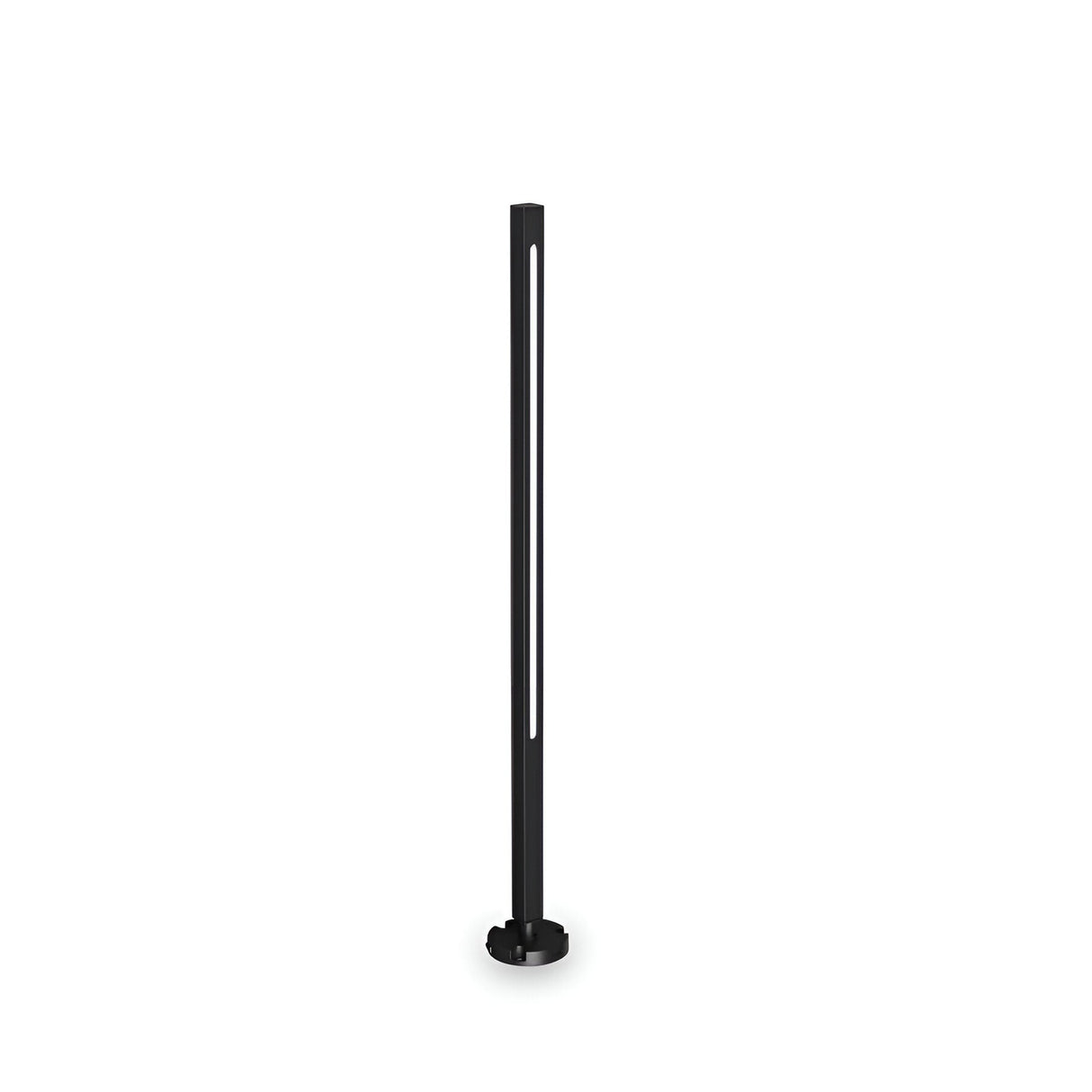 The Arcera Outdoor LED Bollard Light in black, with its sleek modern design and 80cm height, stands like a sophisticated indoor floor lamp on a circular base. It features a narrow linear light along its frame, providing energy efficiency against a plain white background.