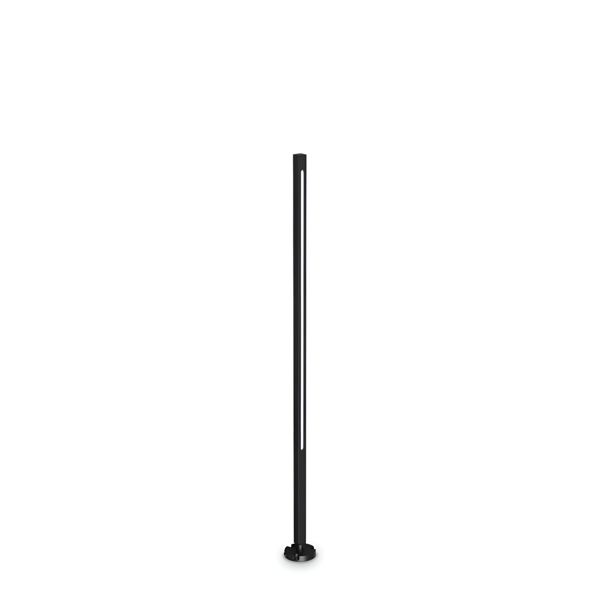 The Arcera Outdoor LED Bollard Light in black features a sleek and modern design with a contemporary aesthetic. Standing upright at 120cm, it includes an energy-efficient lighting strip running vertically along its slim frame. Set against a plain white background, the lamp's stylish simplicity is accentuated.