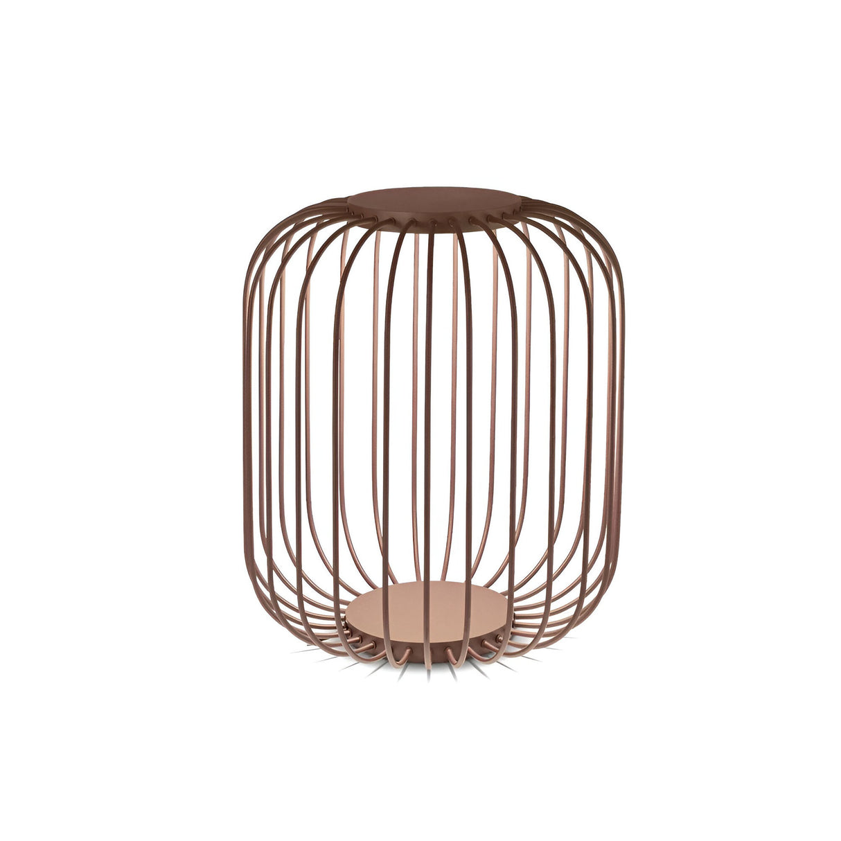 Introducing the Luxtra Outdoor LED Floor Lamp 18W 3000K - Brown, 55cm: an elegantly designed lamp featuring a decorative, cylindrical structure crafted from thin, evenly spaced vertical metal bars with a soft brown finish. This modern lighting solution stands on a circular base and includes a matching top, providing both style and energy-efficient illumination for your outdoor spaces.