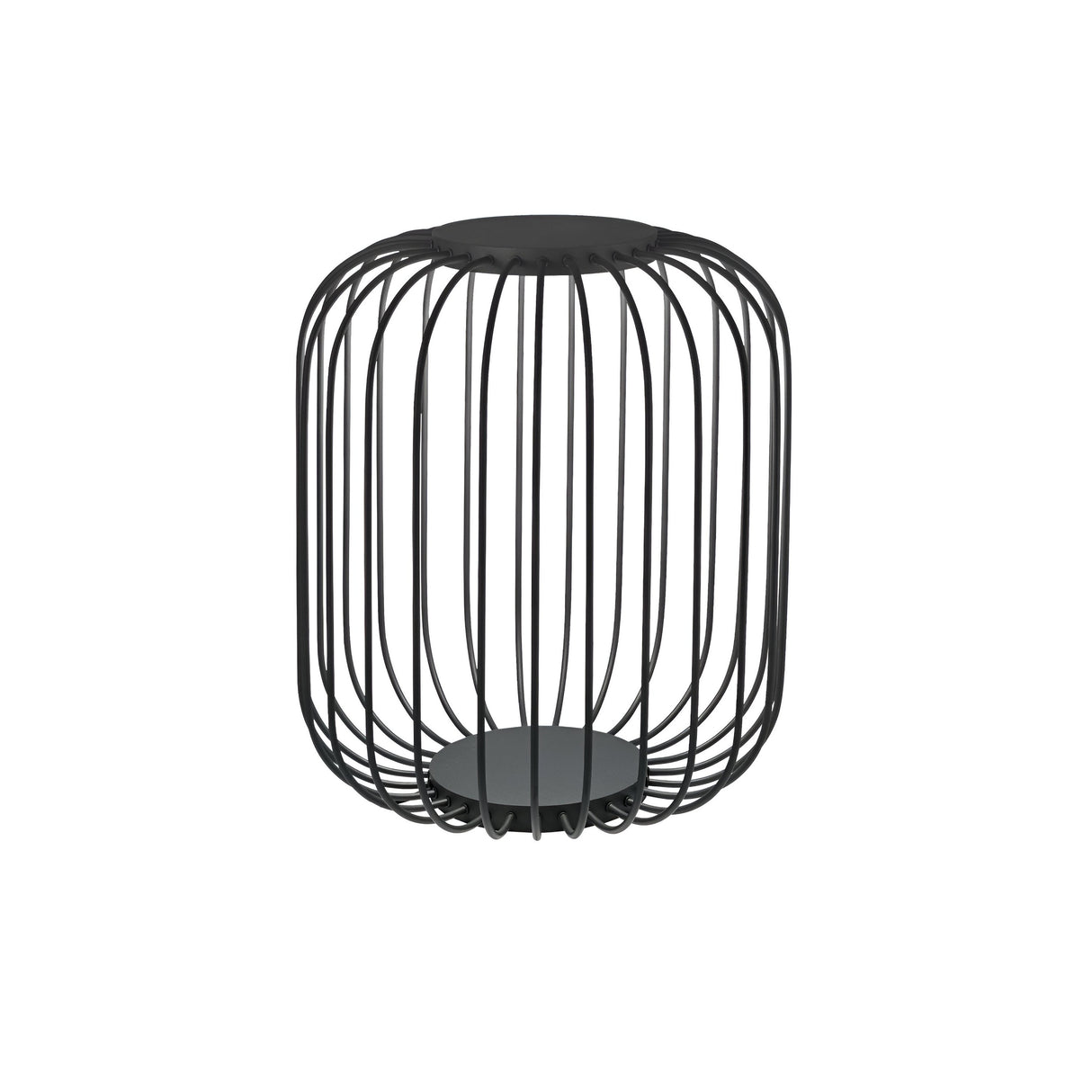 The Luxtra Outdoor LED Floor Lamp, featuring an 18W bulb with a 3000K color temperature and standing at 55cm in height, presents a modern design with a black metal wireframe finish. Its cylindrical shape and open sides, accentuated by circular top and bottom elements, emphasize its energy-efficient capabilities.