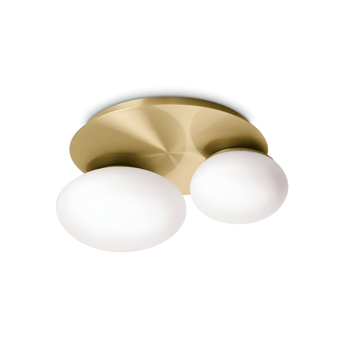The Halion 2 Light Flush - Brass is an elegant ceiling fixture featuring a brushed brass base with two round, white glass globes. It provides an ambient glow against a plain white background, adding sophistication to any room.