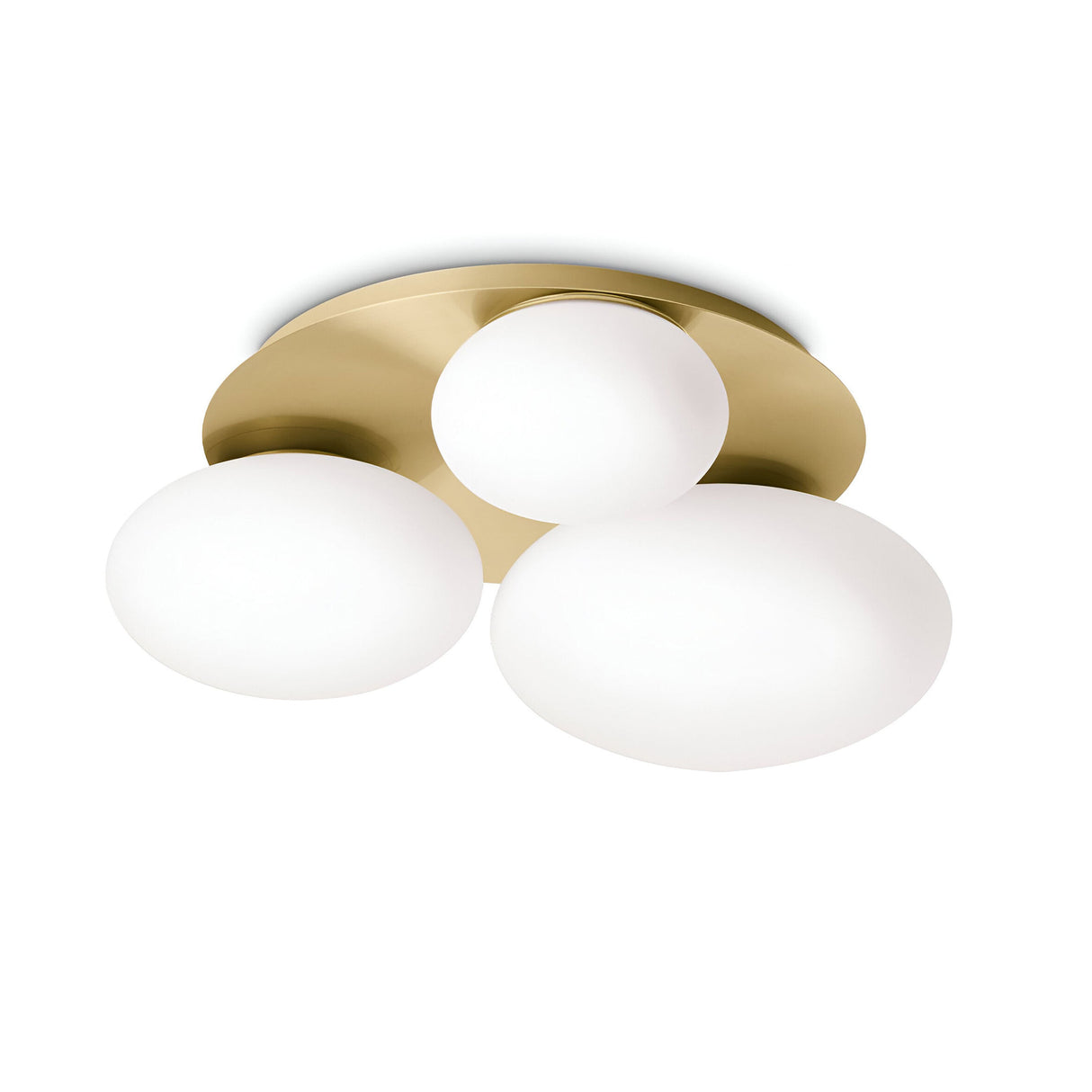 The Halion 3 Light Flush - Brass is an elegant lighting solution, showcasing three round white glass bulbs gracefully mounted on a circular brass base.