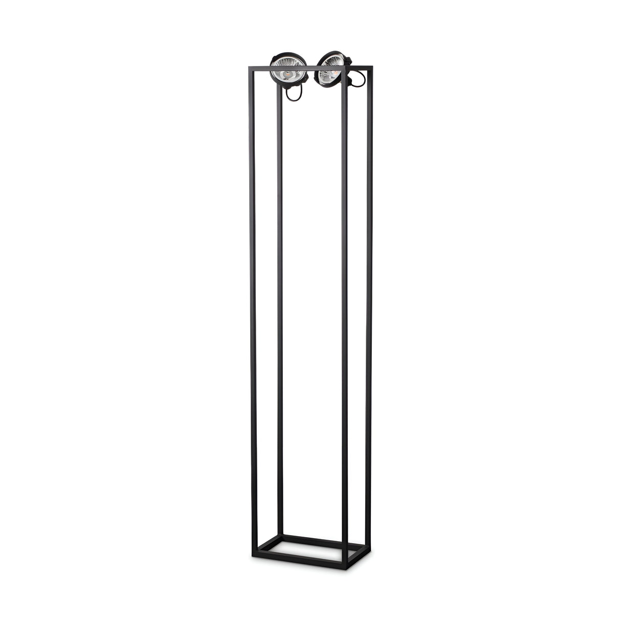 This minimalist black metal standing coat rack features a rectangular base and four slender vertical posts. Ideal for pairing with the Zephyros Floor Lamp - Black, 160cm, its sleek design provides a modern solution for organizing coats and accessories, effortlessly complementing any minimalist lighting setup.