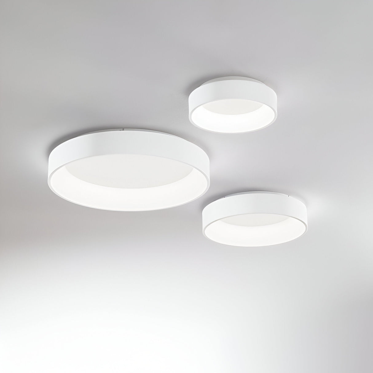 Three Fluxis LED Flush Ceiling Lights, featuring 30cm white frames, are mounted on a white ceiling. These energy-efficient lights emit a soft, diffused glow in varying sizes, achieving a minimalist and contemporary aesthetic.