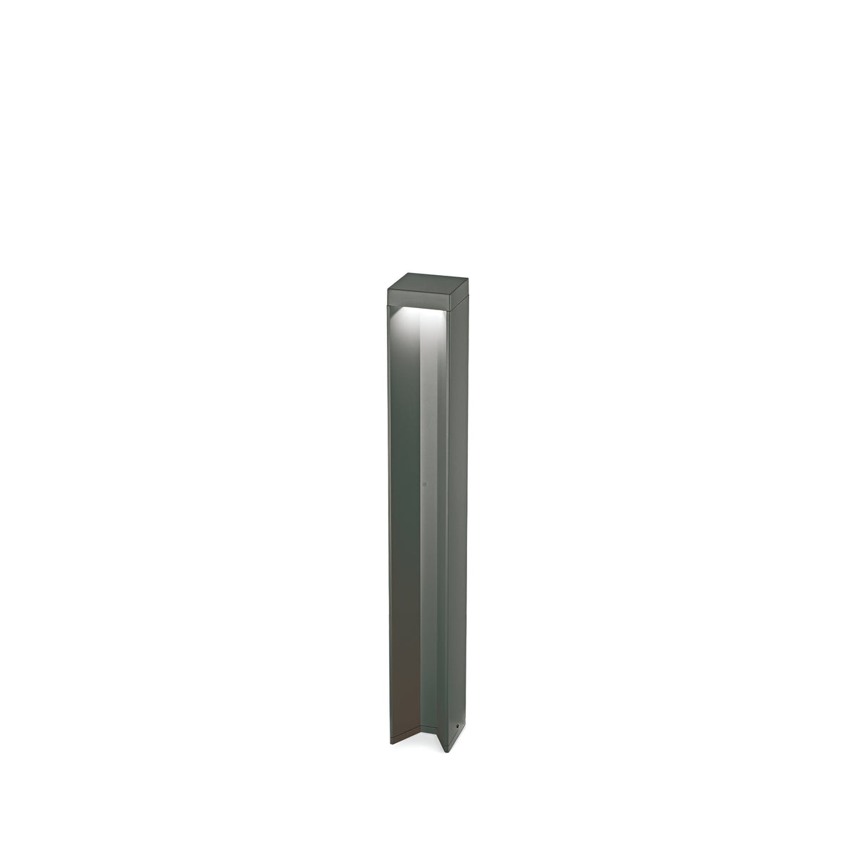 An elegant, tall, rectangular metallic object with a reflective surface stands upright against a white background. Its anthracite finish imparts a modern and minimalist aesthetic, suitable for any setting. Furthermore, the Viritis Outdoor LED Bollard Light 12W 4000K - Anthracite comes with an IP54 rating for improved durability against environmental factors.