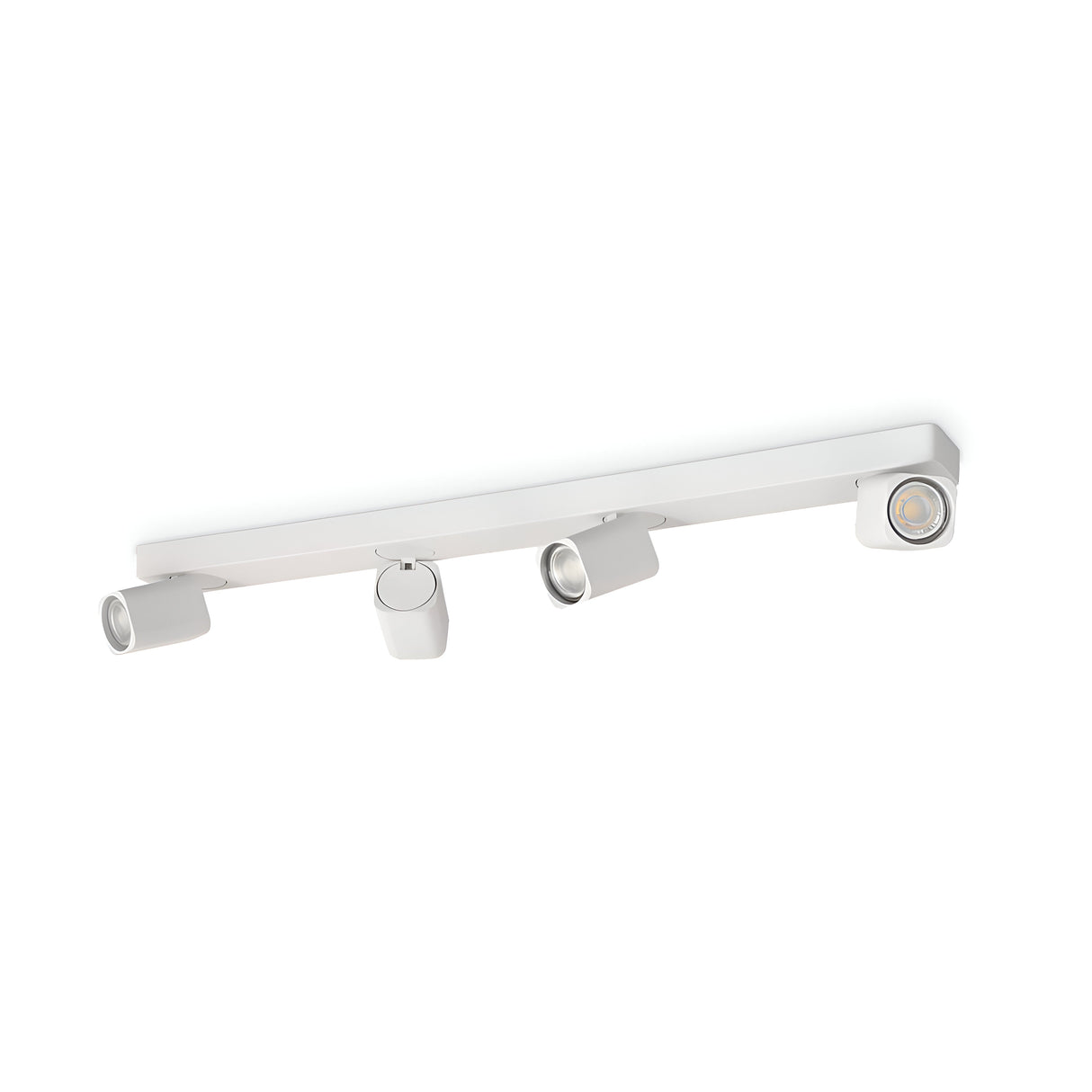 The Sparkeon Quad Bar Squad Spotlight in white showcases a minimalist design with four adjustable light heads mounted on a rectangular bar, making it ideal for targeted lighting.