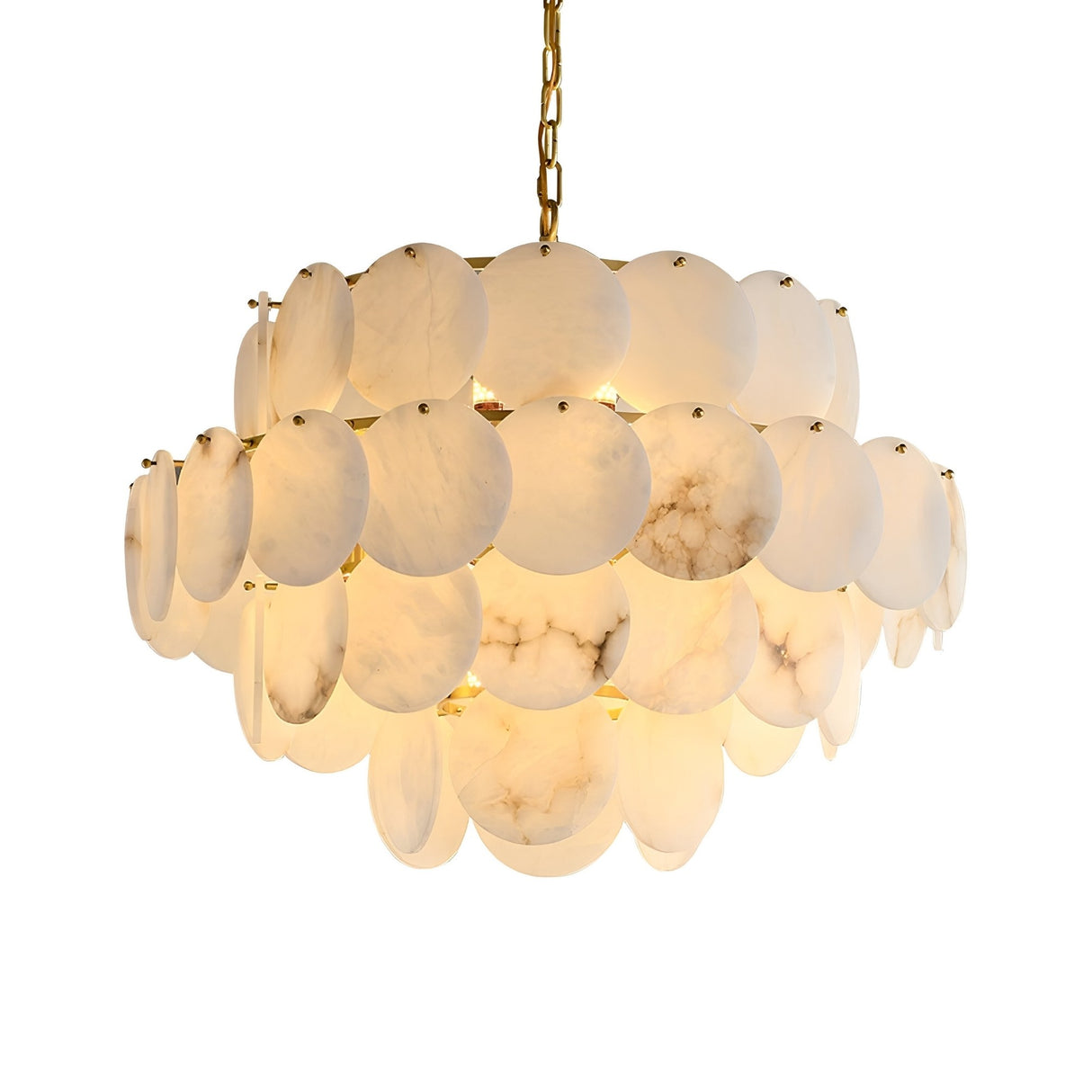 The Solyra 21 Light 4 Tier Petal Alabaster Chandelier in Soft White features layered alabaster discs on a gold chain, softly diffusing light to create a warm, elegant glow.