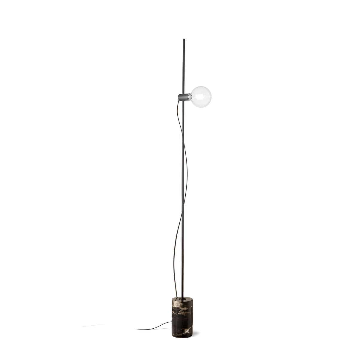 The Soltus Floor Lamp - Black showcases a minimalist design with a sleek vertical pole and an exposed bulb, gracefully positioned on a cylindrical marble base. A black electrical cord spirals around the pole, adding to its contemporary style.