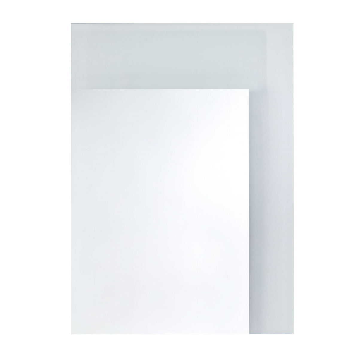 Void Small Partly Silvered Wall Mirror, 70cm rectangular frameless design with two overlapping glass panels creating a mirrored and pale translucent effect, shown on a plain white background.