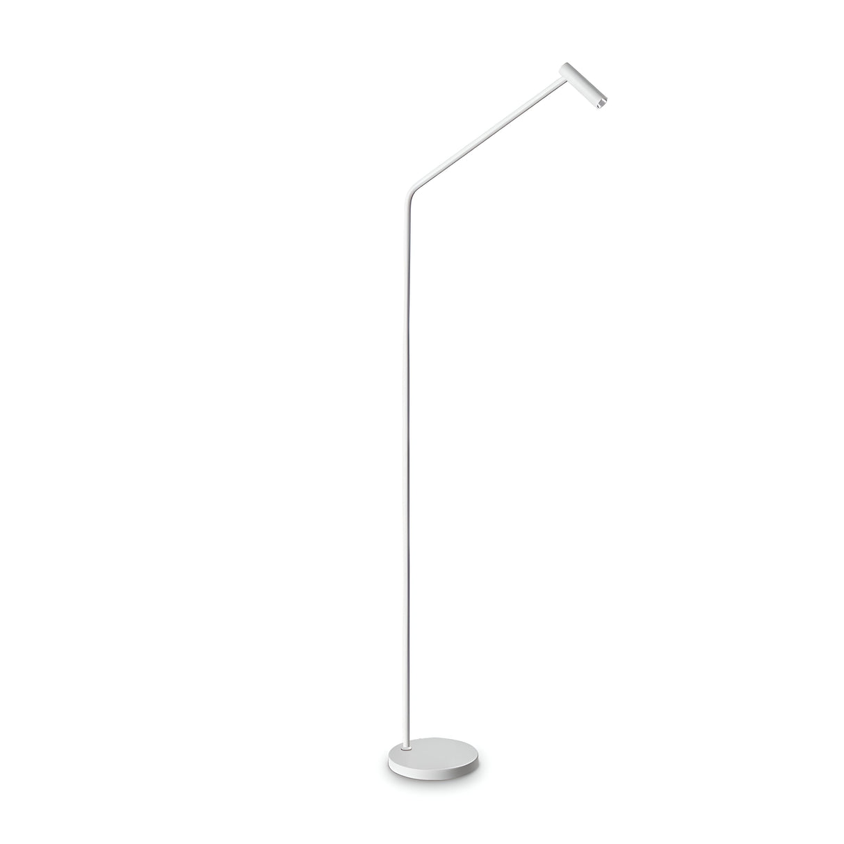 Experience modern minimalism with the Easy Floor LED Lamp - White, featuring a slender, curved stem and a compact round base. Its sleek design includes an energy-efficient cylindrical lighting fixture at the top, angled downward for optimal illumination.