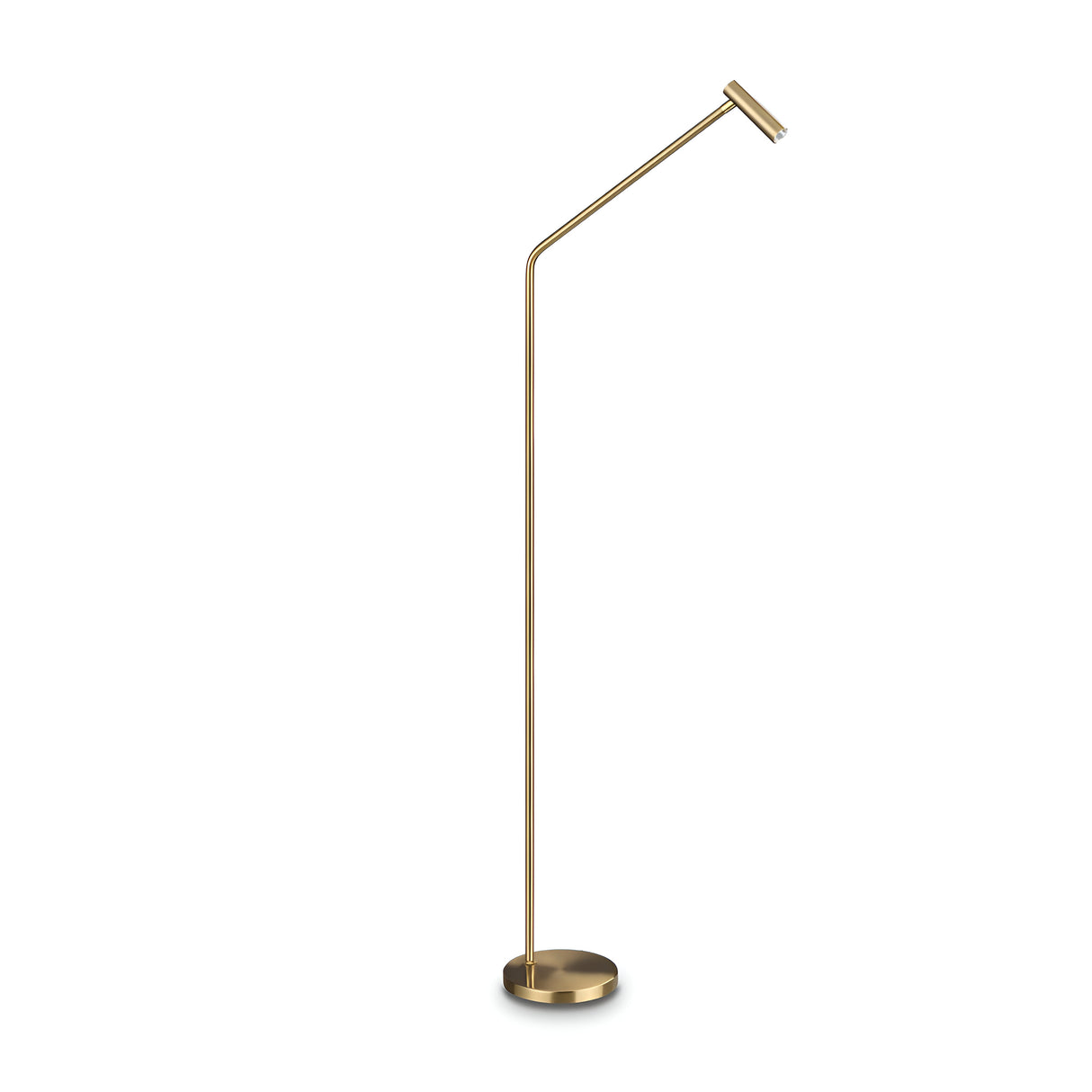 Presenting the Easy Floor LED Lamp - Brass, featuring a slender, curved stand with a brass finish and a minimalist lampshade. This contemporary, elegant design stands on a round base and offers energy-efficient lighting.