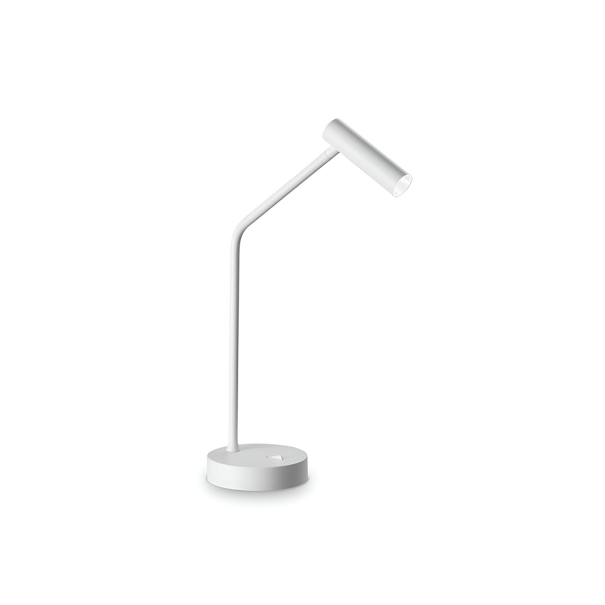 The Easy Table LED Lamp - White features a modern, minimalist design with a round base, angled stem, and cylindrical shade, delivering energy-efficient lighting against a plain white background.