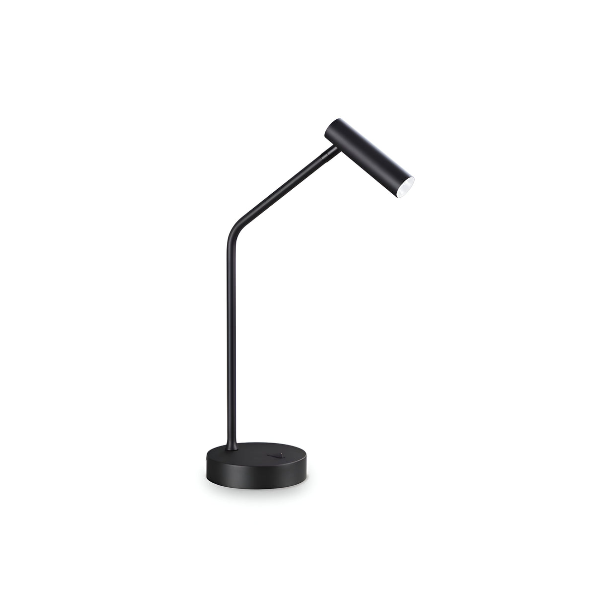 The Easy Table Lamp - Black is a sleek and elegant lighting fixture featuring a minimalist design with a round base and an adjustable cylindrical head. Its slim, angled arm offers a stylish touch, and the energy-efficient LED provides a bright glow against a plain white background.