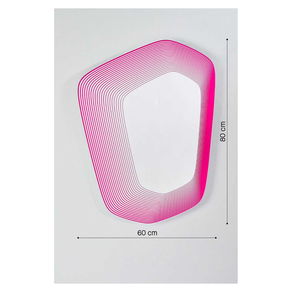 Vibe Pink Line Print Irregular Wall Mirror 80cm with concentric magenta pink lines printed on frameless glass, shown against a plain grey background with 60x80cm dimensions marked.