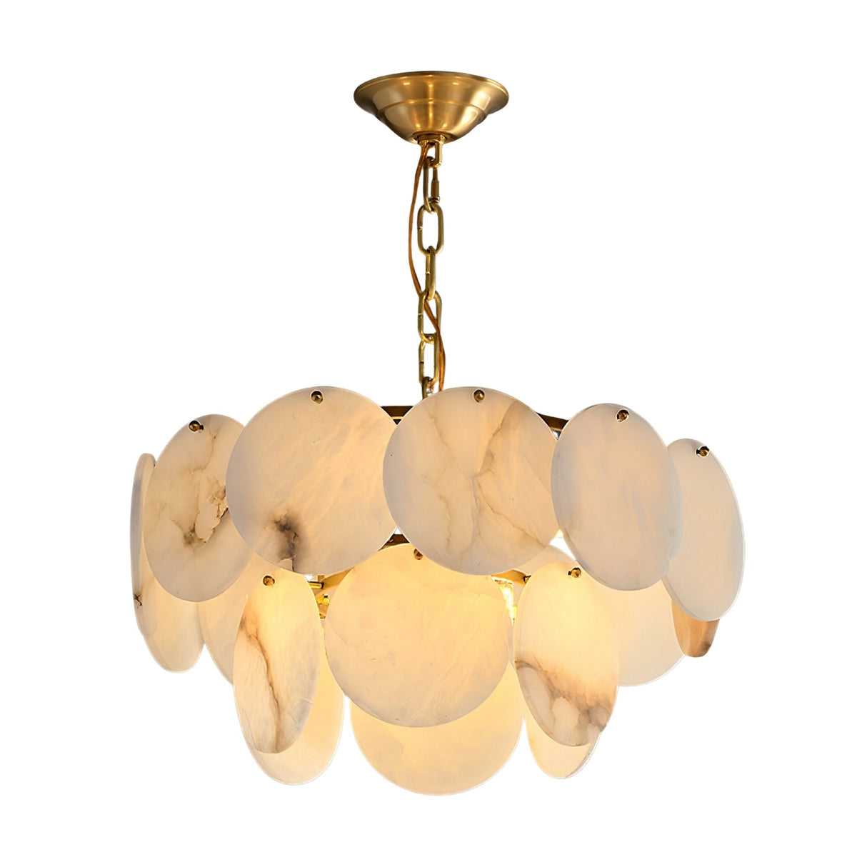 The Solyra 6 Light 2 Tier Petal Alabaster Chandelier in Soft White features overlapping alabaster-like discs on two tiers, suspended by a chain, diffusing light beautifully for a warm, elegant ambiance.