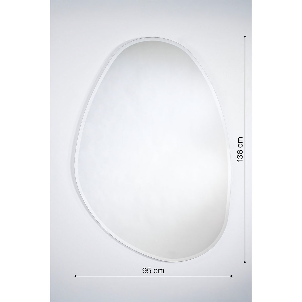 Pure Bevelled Edge Organic Wall Mirror 136cm, a frameless irregular-shaped glass mirror with a bevelled edge, shown with dimensions 136cm by 95cm on a plain white background.
