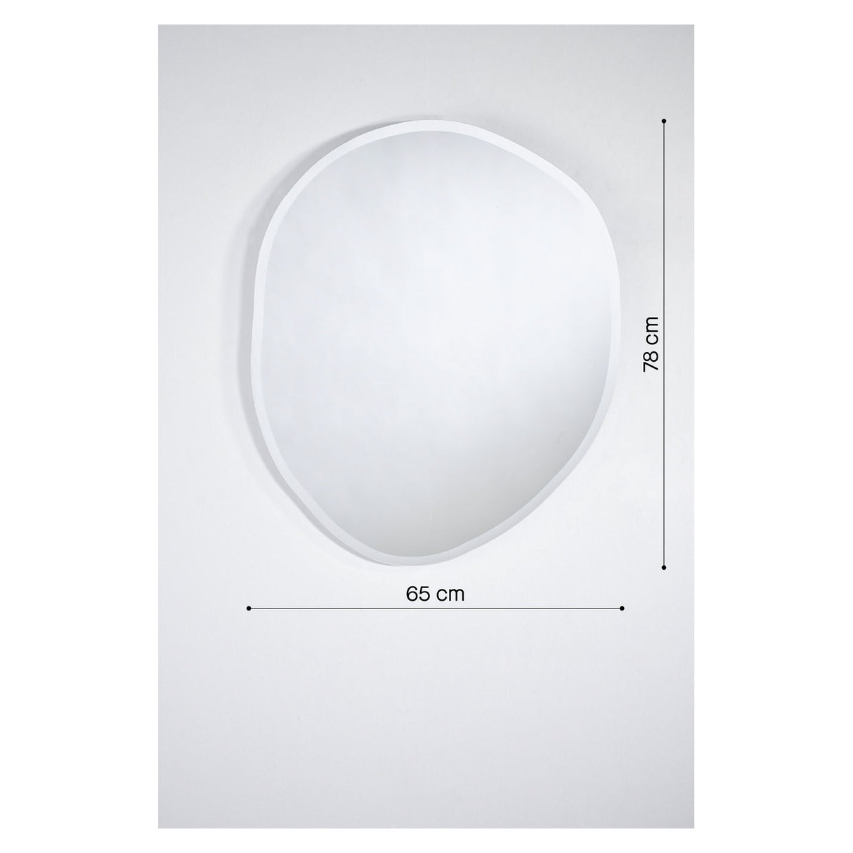 Pure Bevelled Edge Organic Wall Mirror, 65cm x 78cm, frameless pebble-shaped glass with a wide bevelled edge, shown with dimensions on a plain white background.