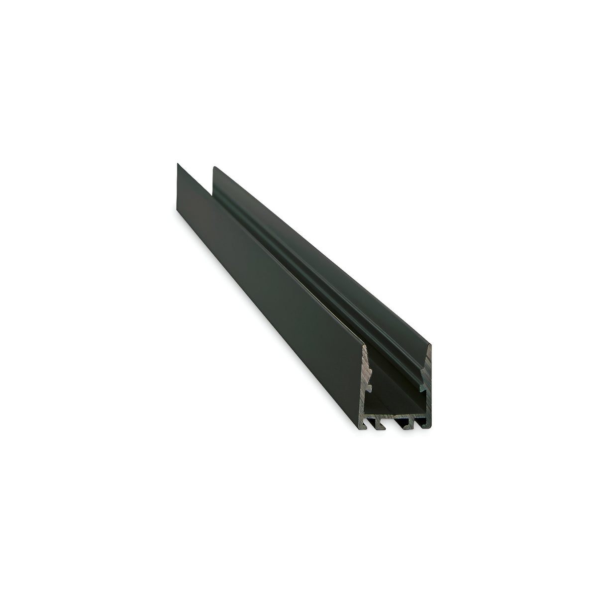 The Arcus LED Profile Cover 2m in black, measuring 16x22cm, is a lengthy rectangular metal rail with a groove along its length. Set against a white background, it enhances energy efficiency.
