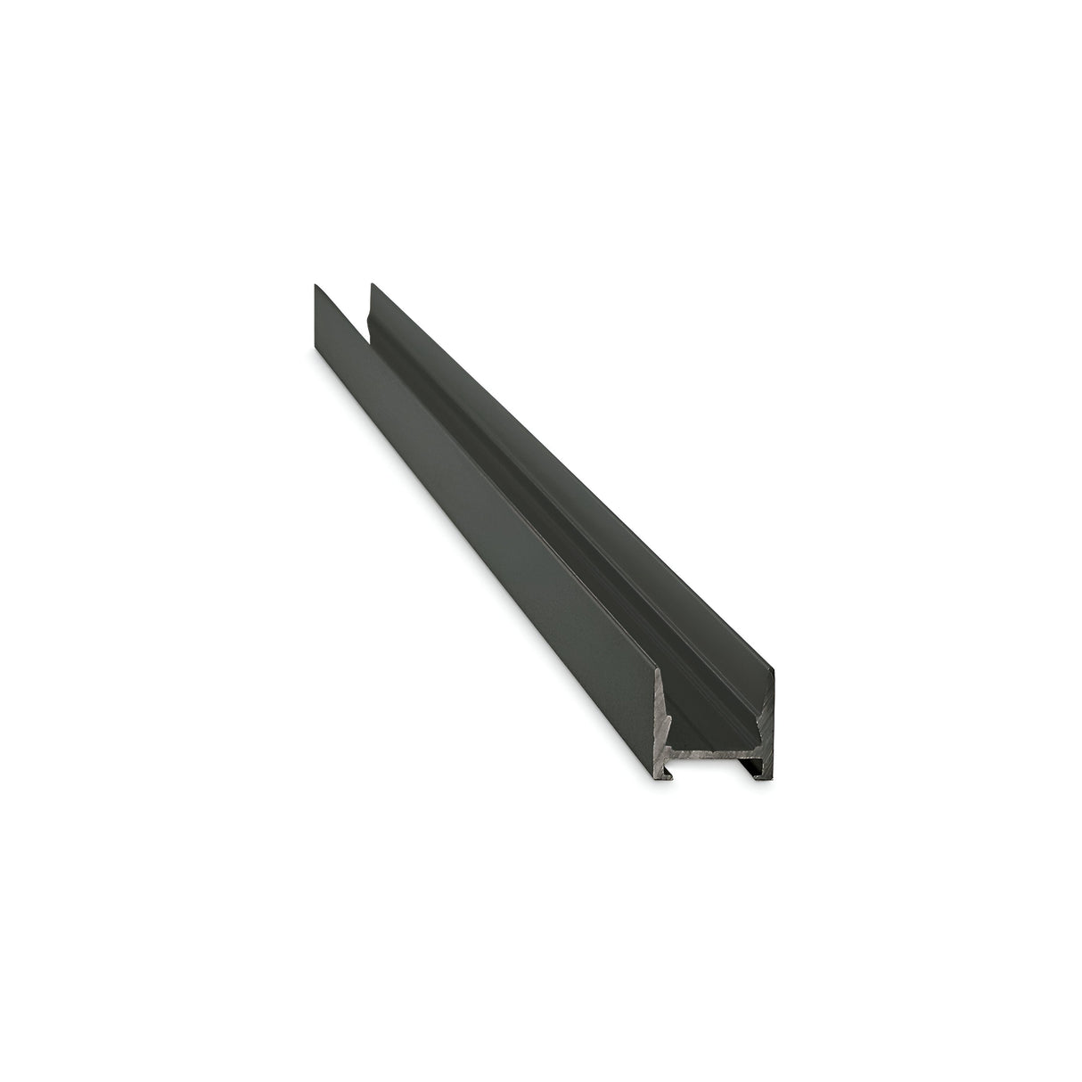 A black, elongated, U-shaped channel crafted from aluminum rests on a white background. The Arcus LED Profile Cover 2m - Black, 16x15cm reveals its hollow interior with edges that are straight and smooth, designed for efficient heat dissipation.
