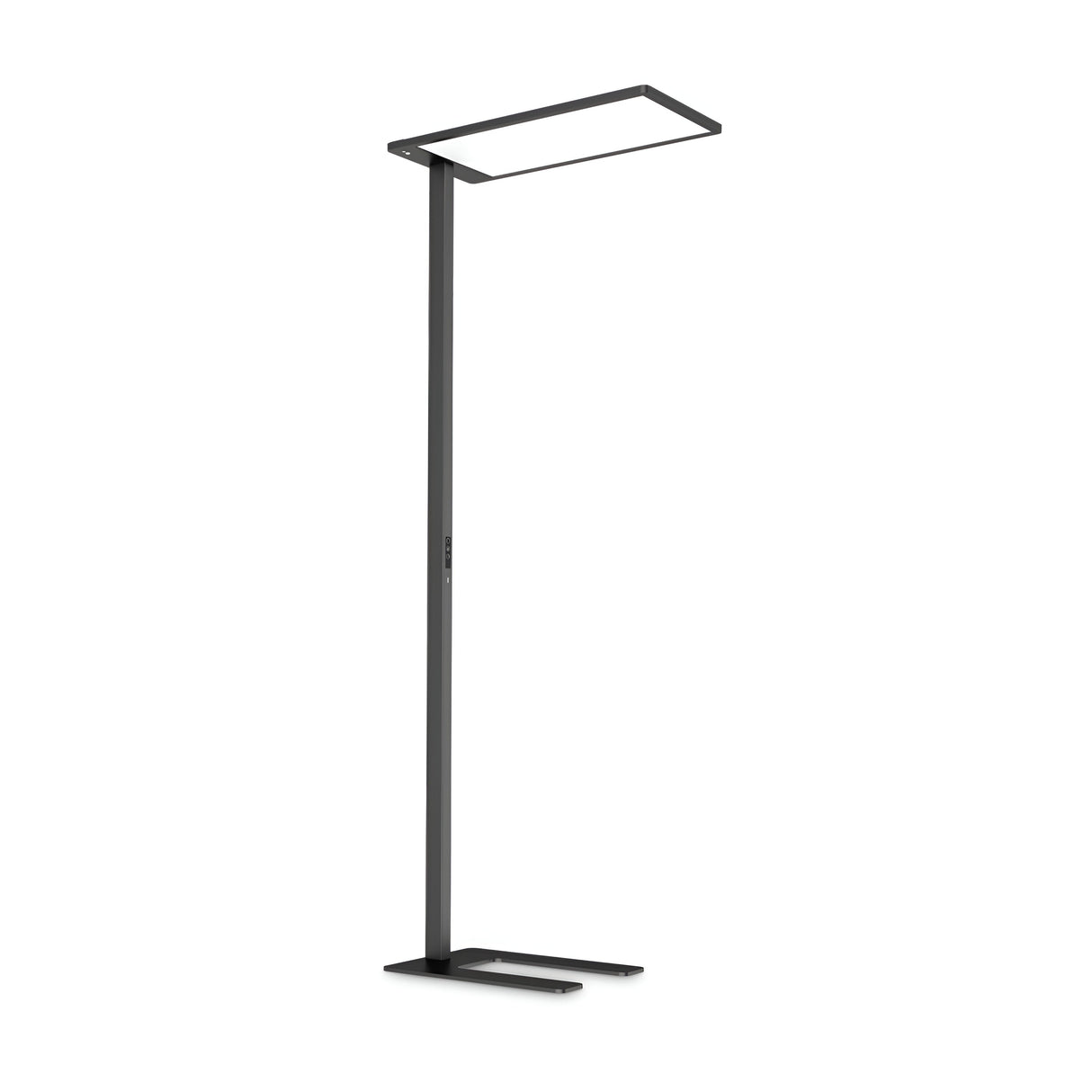 The Luminor LED Floor Lamp 76W 3000K - Black showcases a sleek, modern design featuring a black frame and rectangular light panel. Its U-shaped base offers stability, while the integrated dimmer and brightness sensor enhance its minimalistic charm, making it ideal for contemporary interiors.