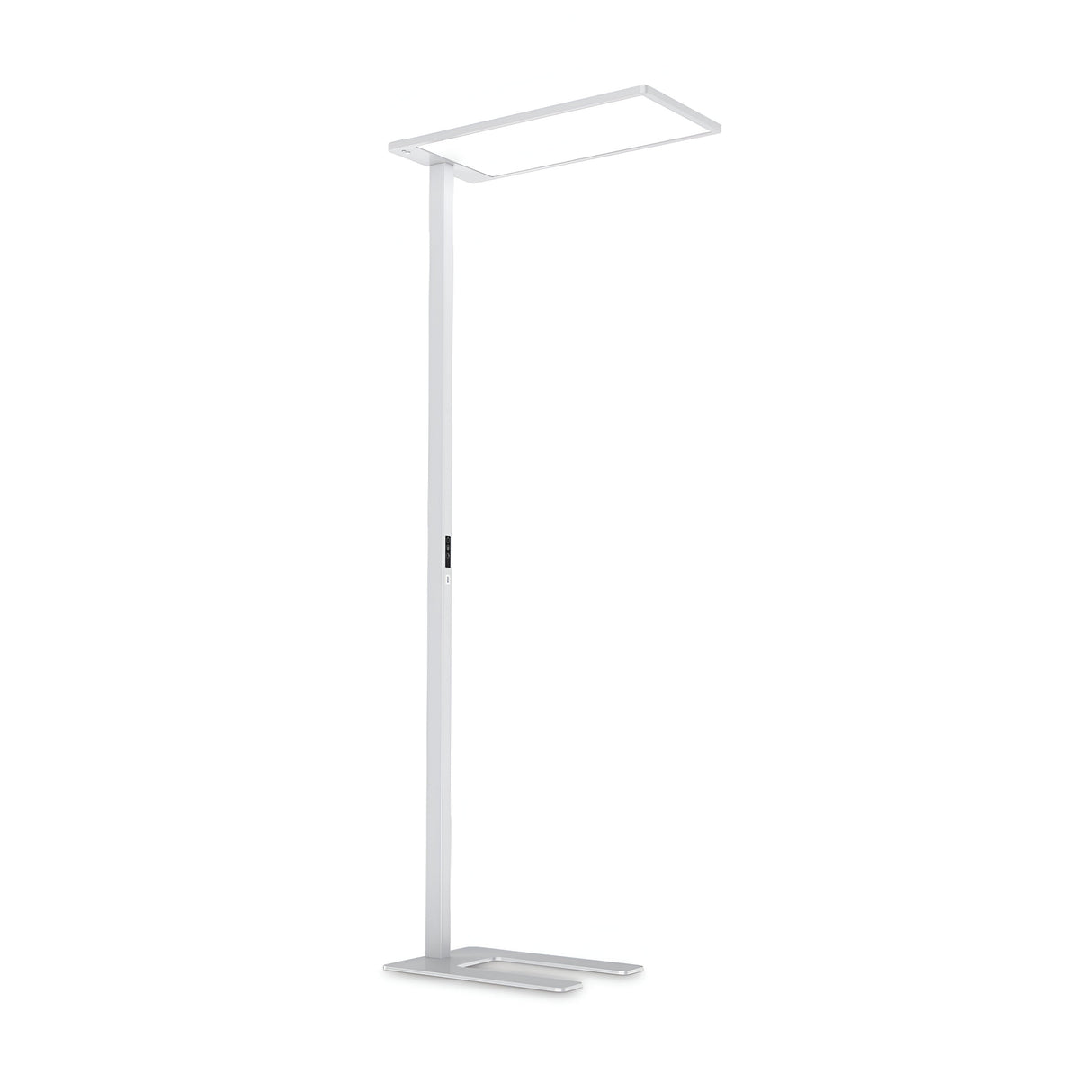 The Luminor LED Floor Lamp 76W 3000K in white is a minimalist and modern lighting solution featuring a rectangular light panel with dual light emission. It offers a slim, straight metal stand and a U-shaped base, all finished in sleek white. The lamp includes a dimmer switch for ideal lighting control.