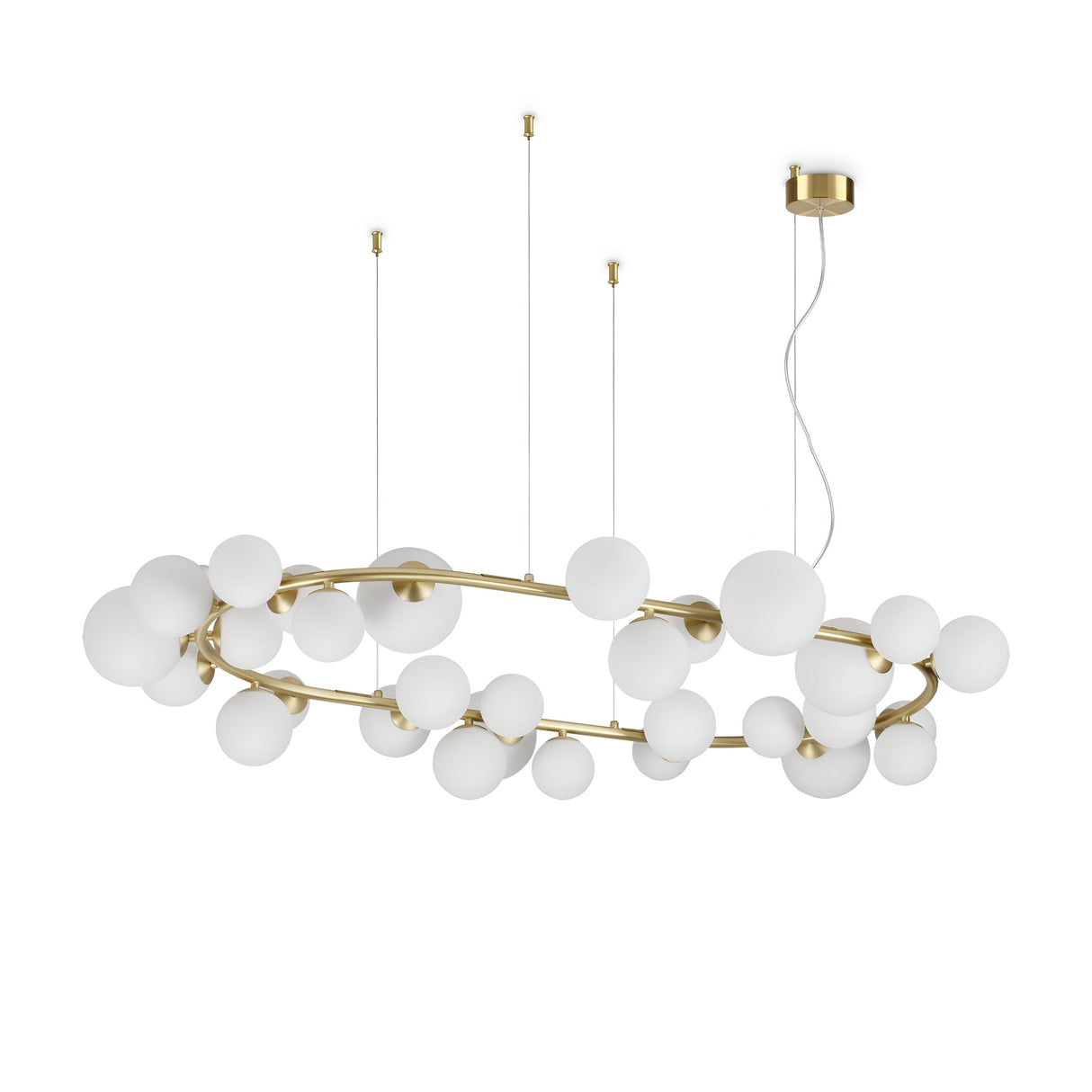 The Solana 30 Suspension Light - White is a modern lighting masterpiece featuring a minimalist circular gold metal frame adorned with multiple white spherical lights suspended at varying heights, producing a breathtaking constellation-like effect.