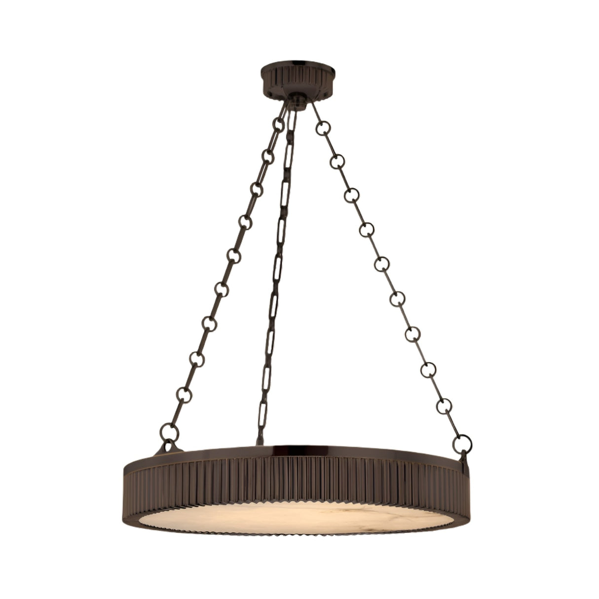 The Heliora LED Chain-Suspended Disc Alabaster Chandelier in Matte Black hangs from the ceiling by three chains, featuring a ribbed edge and an alabaster diffuser that softly covers the bulb underneath.