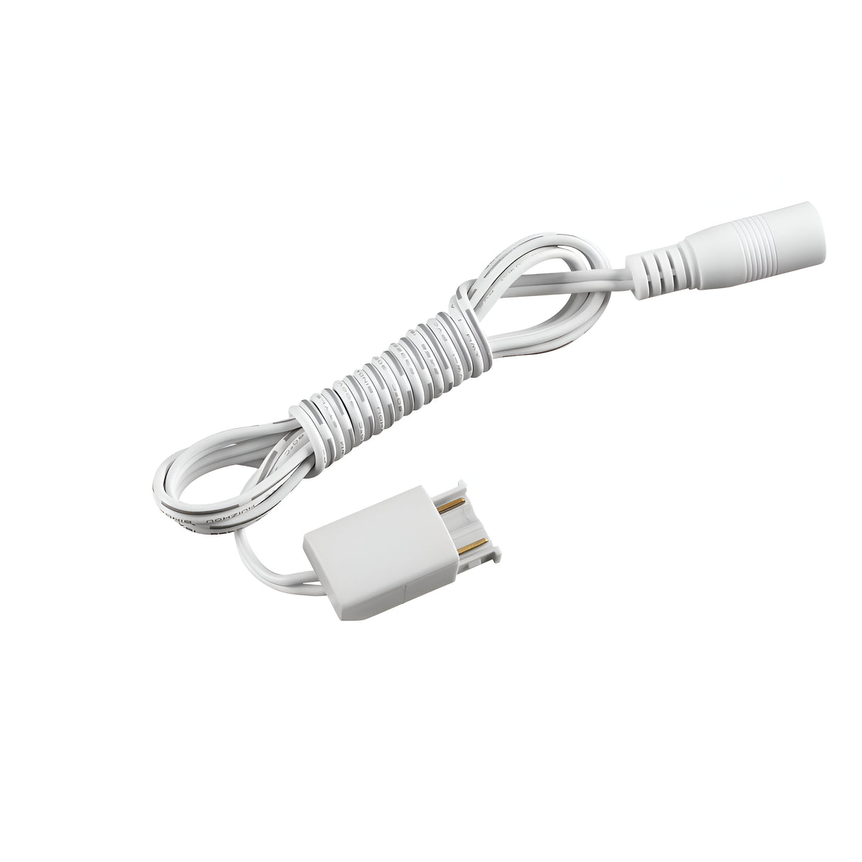 The image shows the Nocturne Input Power Cord - 103cm, made from durable plastic and featuring a coiled white electrical cable with connectors on each end. It includes a two-pin plug on one end and a cylindrical female connector on the other, making it ideal for various lighting systems. The cable is neatly wound for storage convenience.