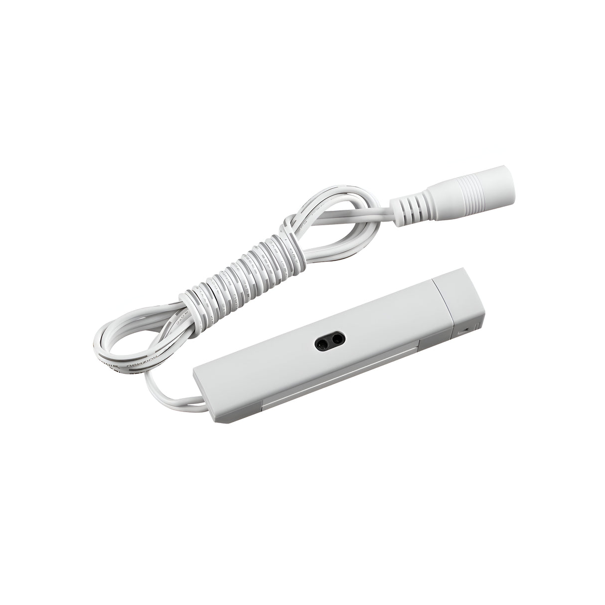 A coiled white cable is connected to the refined Nocturne Sensor Switch for Input Power Cord, featuring a small black button at its center. The cable concludes with a round plug, indicating its purpose for electronic applications such as energy conservation or lighting control in home automation systems.