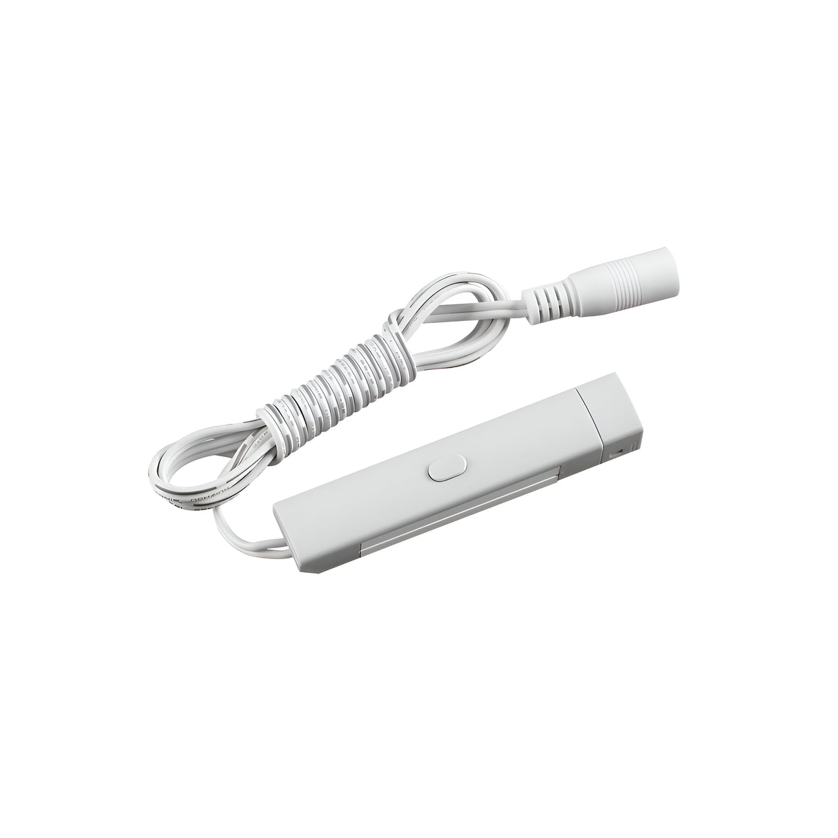 The Nocturne Button Switch for Input Power Cord features a coiled white cord that connects to a slim, rectangular switch with a central button on a plain white background.