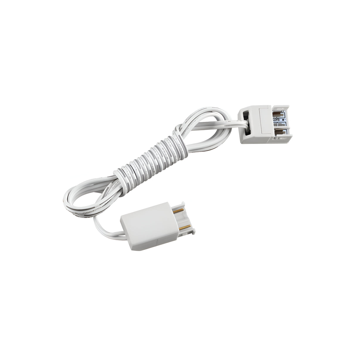 The Nocturne Interconnection Cord - 105cm, featuring a coiled white design and dual connectors, is displayed on a simple backdrop. One connector guarantees a stable power connection, while the other showcases four colored wires, evocative of complex lighting fixtures.