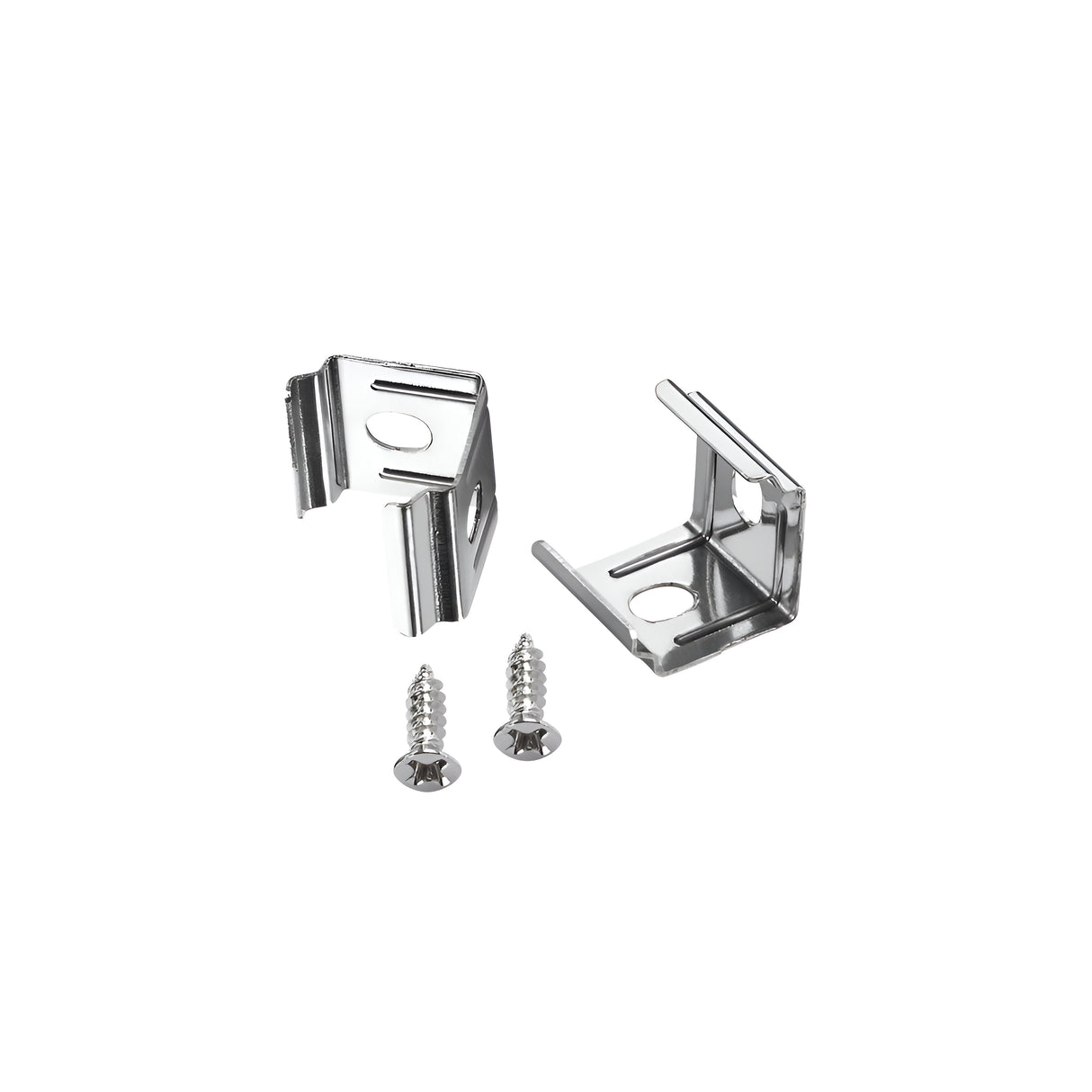 The Nocturne Mounting Bracket Set with Screws features a robust metal construction highlighted by two shiny L-brackets and screws set against a white background. Designed with pre-drilled holes for effortless mounting, these brackets are ideal for lighting installations and guarantee a secure fit every time.