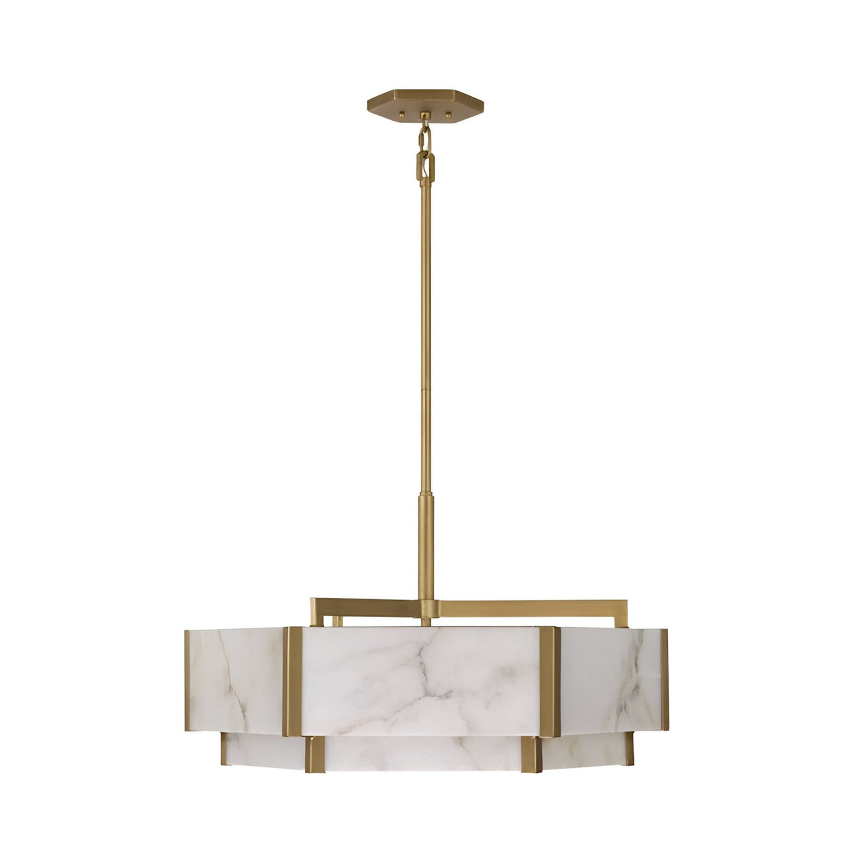 The Albyso LED Twin Drop Alabaster Chandelier features a brushed brass finish, gold metal frame, and circular soft white alabaster shades, elegantly suspended from the ceiling by a matching gold rod and chain.