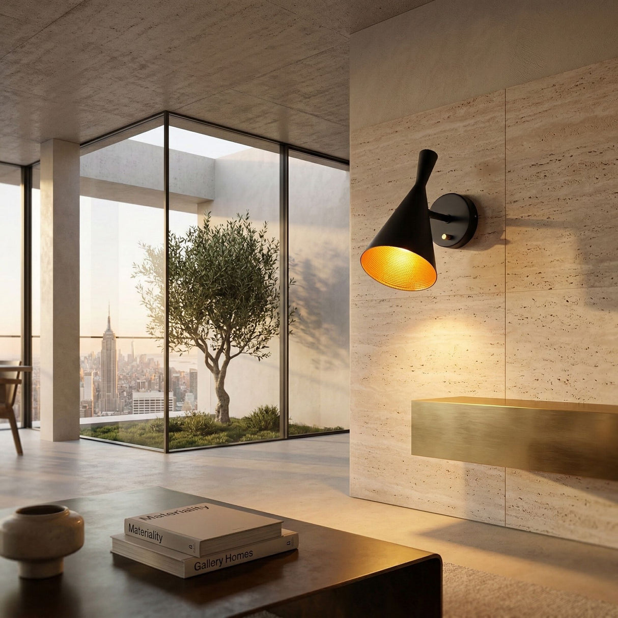 A modern living room with large glass windows, city skyline views, a beige wall illuminated by the Funk Wall Light - Black, a coffee table with books, a brass shelf, and a small tree on the balcony.