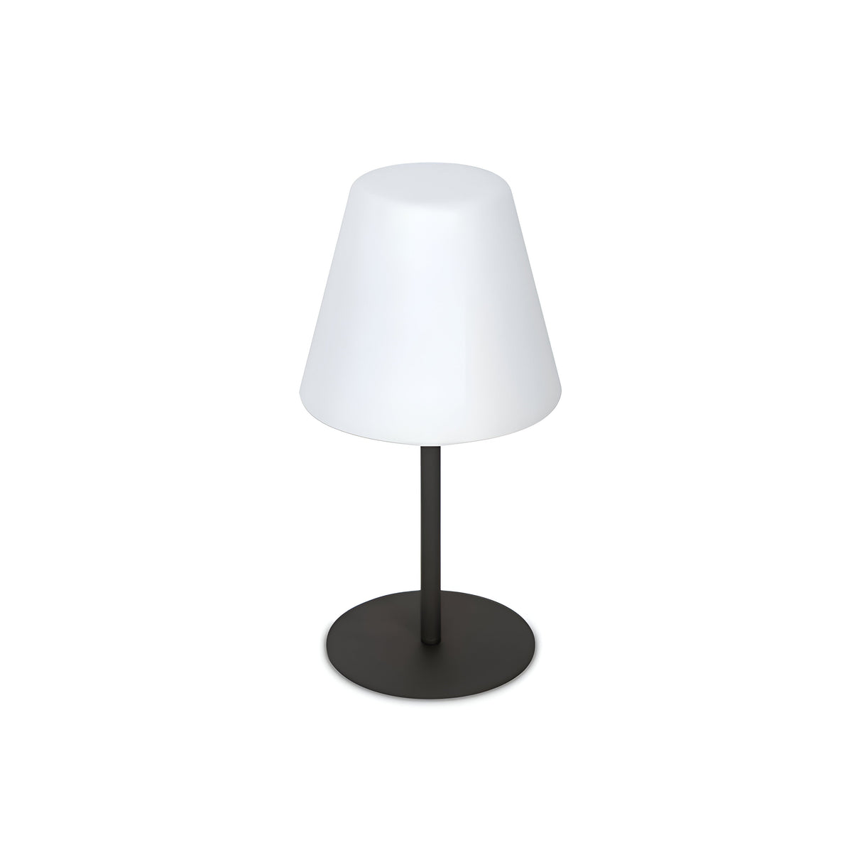 Introducing the Shine Outdoor Table Lamp - White, featuring a contemporary white conical shade harmoniously paired with a sleek black cylindrical stand on a sturdy round black base. This lamp offers durable and versatile lighting, making it an ideal choice for any setting against its simple white background.