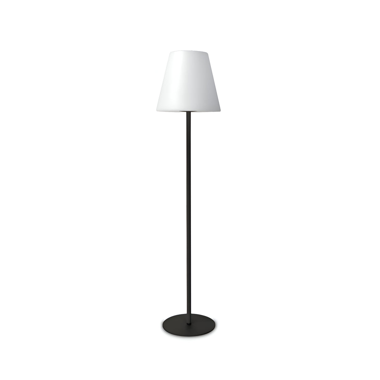 Introducing the Shine Outdoor Floor Lamp in Grey/White, featuring a sleek stand and a stylish conical lampshade. This modern design piece effortlessly complements any space with its minimalist elegance, making it perfect for adding style indoors or serving as an outdoor floor lamp that enhances your backyard with weather-resistant lighting options.